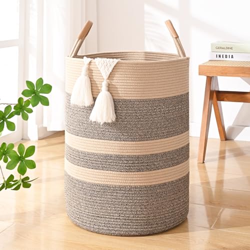Large Laundry Basket, Laundry Hamper with Leather Handles, 60L Woven Dirty Clothes Hamper, Rope Hampers for Bedroom, Barthroom, Dark Brown - color: Dark Brown, size: 60L