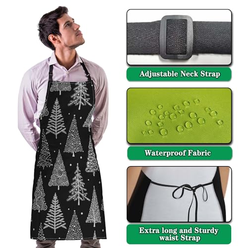 Kitchen Aprons for Men Christmas Tree, Black White Leaf Circle Polka Dot Men’s Apron for Cooking Restaurant BBQ Painting Crafting Gardening 27” (W) x 31” (H), Waterproof Apron - color: Christmas Tree
