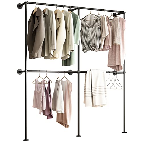 Industrial Pipe Clothing Rack Wall Mounted,Clothes Racks with Double Hanging Rods for Closet Storage(Black) - size: 71"L-Black