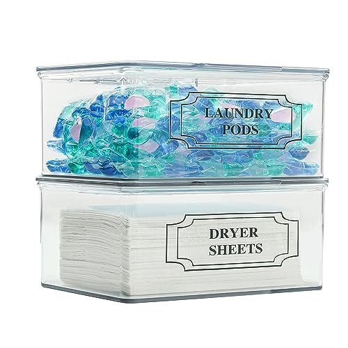 SSTATES Clear Acrylic Dryer Sheets Holder, Flip-top Laundry Pods Container with 2 Label Decals for Laundry Room Organization and Décor, Stackable Storage Box (2 Pack) - size: 2 Pack