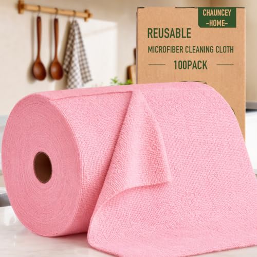 Microfiber Cleaning Cloth Roll - 100 Pack Tear Away Microfiber Paper Towels, Reusable, Washable, Scratch-Free, Kitchen Towels for Car, Home, Kitchen, Glass, Dishes(Pink) - color: Pink