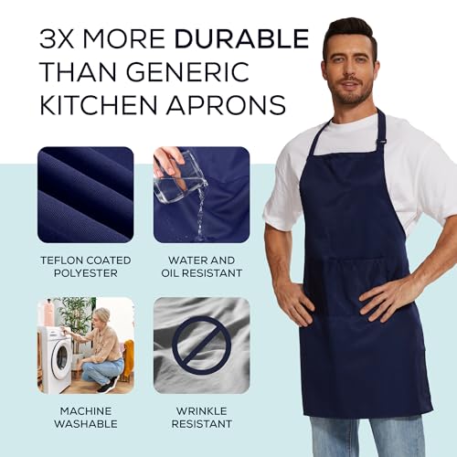 Will Well Kitchen Apron for Men and Women - 33" x 27" Oil-and-Water-Resistant with Adjustable Neck Strap and 38" Waist Ties for a Snug Fit, Lightweight with 2 Front Pockets - 1-Pack, Navy - color: 04 - Navy, size: 1 Pack