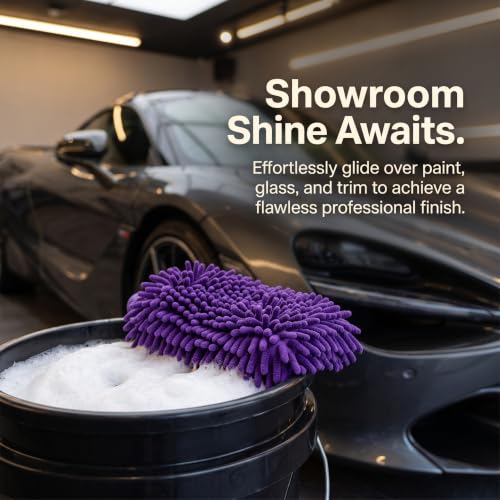 Purple Microfiber Car Wash Mitt – Thickened Chenille Cleaning Glove for Car Windows & Detailing, Dual Use Wet/Dry - color: Purple
