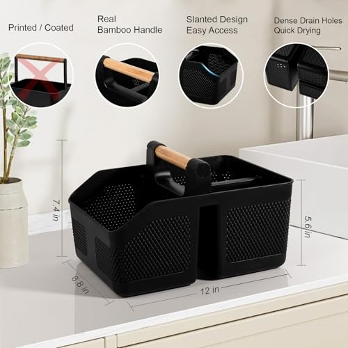 Plastic Shower Caddy Portable Shower Basket with Bamboo Handle, Black - color: Black