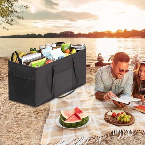 LHZK Standing Extra Large Utility Tote Bag with Metal Wire Frame and the Sides Rinforced, Extra Large Tote Bag with Handle, Reusable Grocery Bags Foldable, Beach Bag, Car Tote (Black) - color: Black, size: 22.5''x10.5''x12''-1 Pack