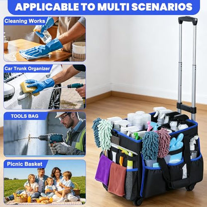 Large Rolling Cleaning Caddy Bag with Detachable Trolley and Shoulder Strap