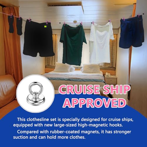 Magnetic Retractable Clothes Line for Cabin - Approved 2025 2026 Cruise Essentials - Drying Rack Travel Clothesline with Clothespins -4 Cruise Luggage Tags- Strong Magnets Hooks (Pink) - color: Pink