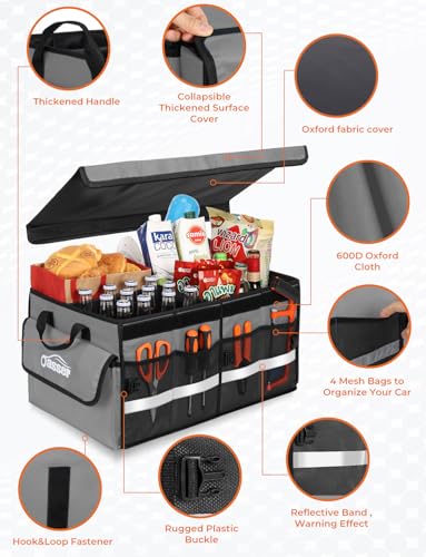 Oasser Car Trunk Organizer with Foldable Soft Lid, 55L 3 Compartments Grey - color: Grey, size: Standard