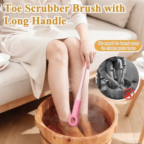 2 Pack Toe Scrubber Brush Long Handle, Soft Rubber Toe Cleaner for Deep Cleaning Exfoliation, Foot Brush for Seniors, Pregnant Women and Limited Mobility No Bend to Use in Shower (Pink)