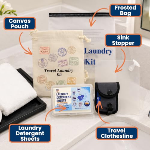 Travel Laundry Detergent Sheets, Portable Clothesline with Universal Sink Stopper – Lightweight Clothesline, Laundry Detergent Sheets & Sink Stopper best for Cruise, Hotel, Camping & On-the-Go Washing - style: Travel Laundry 5-piece Bundle with Lt Clothes
