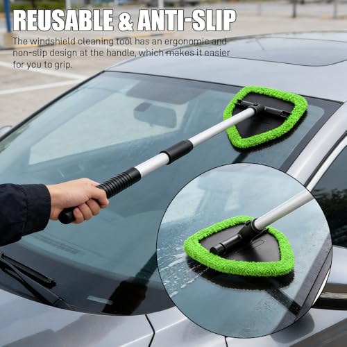 Windshield Cleaner Tool, Windshield Cleaning Tool, Car Window Detailing Cleaning Kit with Extendable Handle and Reusable Microfiber Pads, Auto Glass Wiper Brush for Car Office Home (Green) - color: Green-1