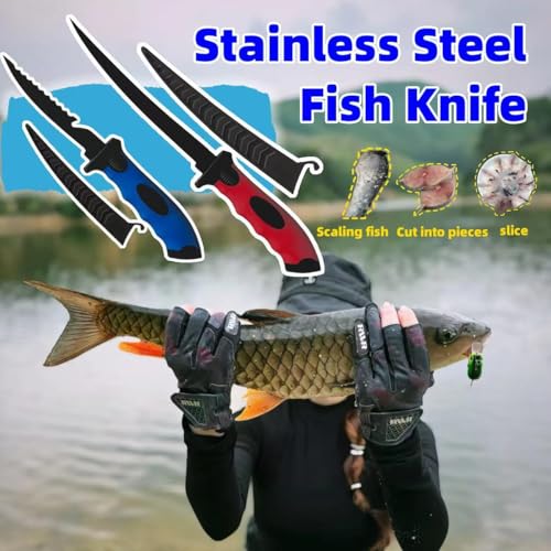 Fishing Knife Set, Fish Cleaning Kit, Filet Knife for Fish, Fish Scale Cleaning Brush, Multi-Functional Scissors, Gloves, Fishbone Tweezers, Storage Bag,Fishing Accessories,Fishing Tool Kit - size: 2PCS-Red&Blue