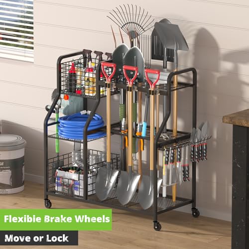 keomaisyto Garden Tool Holder Organizer with Heavy Duty Wheels for Garage - size: 36.2W*16.5"D*37"H-with Wheels