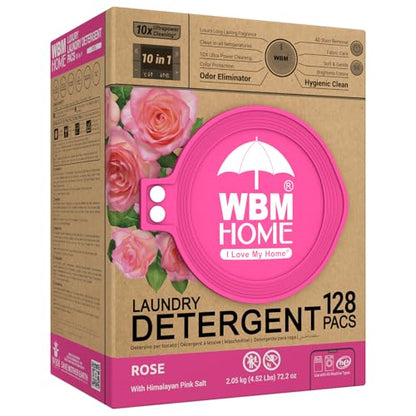 WBM 10-in-1 Laundry Pods, Total 128 Count, High Efficiency, Ultra Concentrate with Powerful Stain Lifter Technology, Fabric Softener With Rose Extracts, Detergent Pods - size: 128 Count (Pack of 1)