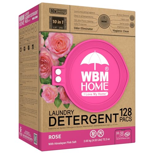 WBM 10-in-1 Laundry Pods, Total 128 Count, High Efficiency, Ultra Concentrate with Powerful Stain Lifter Technology, Fabric Softener With Rose Extracts, Detergent Pods - size: 128 Count (Pack of 1)