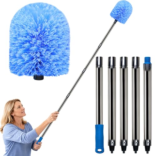 6.5 FT Cobweb Duster with Extension Pole - Stainless Steel Extendable Duster Ceiling Fan Duster for High Ceilings, Medium Stiff Bristle Spider Web Brush for Indoor Outdoor Corner Cleaning