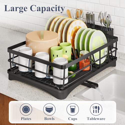 SAYZH Dish Drying Rack for Kitchen Counter with Utensil Holder, Black - color: Black