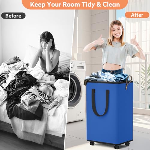 SpaceTrove Rolling Laundry Basket with Wheels, Laundry Hamper, 80L, Blue - color: Blue, size: 80L