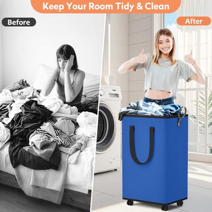 SpaceTrove Rolling Laundry Basket with Wheels, Laundry Hamper, 80L, Blue - color: Blue, size: 80L