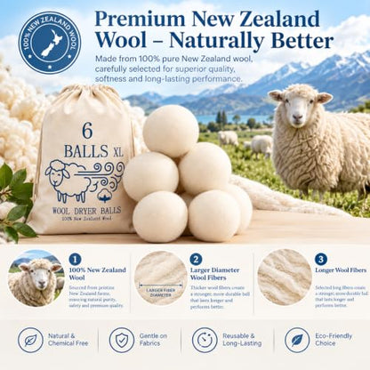 Premium XL Wool Dryer Balls 6 Pack - 100% Organic New Zealand Wool - Reusable Natural Fabric Softener - Reduces Wrinkles & Shortens Drying Time - XL Jumbo Size Set of 6