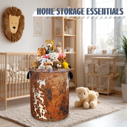 Brown Cow Skin Laundry Basket Foldable Hamper 18.9"x16.5" - color: Brown Retro Cows Skin Pattern