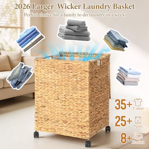 Livole Wicker Laundry Hamper with Lid & Wheel, Rattan Laundry Basket, 90L - color: Natural, size: 90L