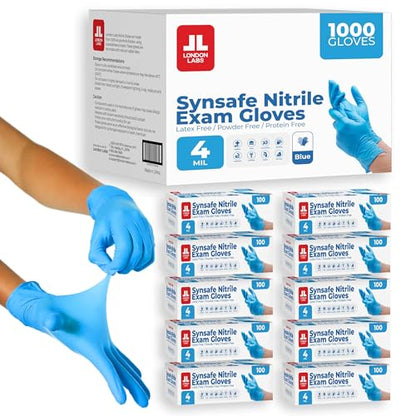 London Labs Synsafe 4 Mil - Blue Nitrile Exam Gloves –Disposable Latex Free & Powder Free – Extra Strong, Rubber Gloves - size: Medium, style: 1000 Count