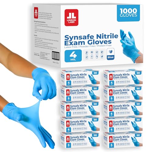 London Labs Synsafe 4 Mil - Blue Nitrile Exam Gloves –Disposable Latex Free & Powder Free – Extra Strong, Rubber Gloves - size: Medium, style: 1000 Count