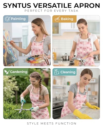 Women Apron, Cute Kitchen Aprons for Women, Girls - color: Pink Strawberry