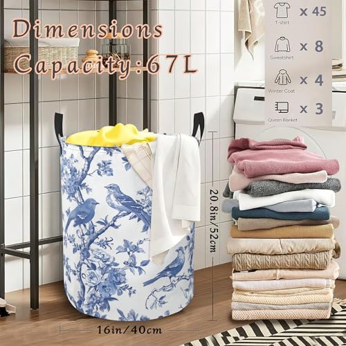 Blue Flower Laundry Basket with Handles,Bird Waterproof Clothes Organizer Bin Collapsible Storage Basket for Bedroom Bathroom Dorm Room 16" x 20.8" - color: Blue Flower Bird