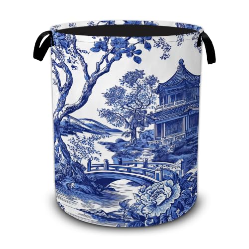 Blue and White Porcelain Laundry Basket,Chinoiserie Funny Foldable Oxford Laundry Hamper with Handles,Collapsible Clothes Storage Basket for Bedroom,Bathroom,or Laundry Room,20.8 x 16 Inches - color: Blue and White Porcelain Chinoiserie Funny