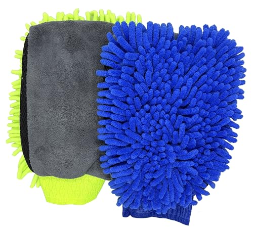 Car Wash Mitt Microfiber 2-PK, Scratch-Free & Lint-Free, Premium Chenille & Coral Fleece Double Sided, Waterproof Interior, Perfect for Car Washing & Detailing, 10.25" x 7.5", Green & Blue