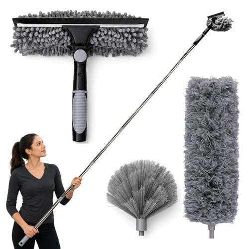 Cobweb Duster with Extension Pole,Window Squeegee, 3-in-1 Kit - color: Grey/
