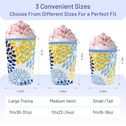 Iced Coffee Sleeve Reusable Neoprene Cup Sleeves, Blue Flower - color: Blue Yellow Flower