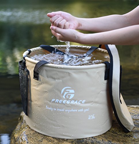 Freegrace Collapsible Water Bucket with Lid 23L Portable Camping Wash Basin - color: Khaki, size: 23L