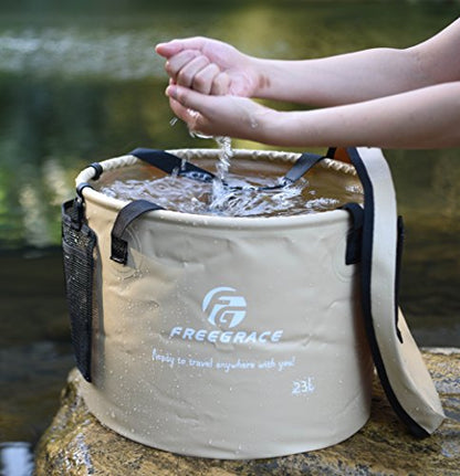 Freegrace Collapsible Water Bucket with Lid 23L Portable Camping Wash Basin - color: Khaki, size: 23L