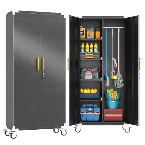 erosoei 71" Broom Storage Cabinet, Cleaning Tool Storage Cabinet, Garage Utility Storage with Hooks and Hanging Rods, Heavy Duty Garden Tool Organizer, for Home, Garage, Laundry Room, Gym, Workshop. - color: Black