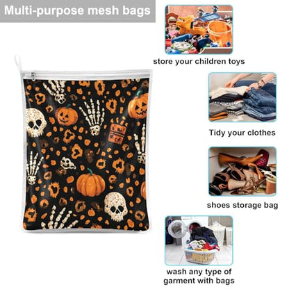 Mesh Laundry Bags Lingerie Bags for Washing Delicates 2 PCS Durable Wash Bag with Zipper Small and Medium Washable Halloween Leopard Pumpkin Skull Brown - color: Halloween Leopard Pumpkin Skull Brown