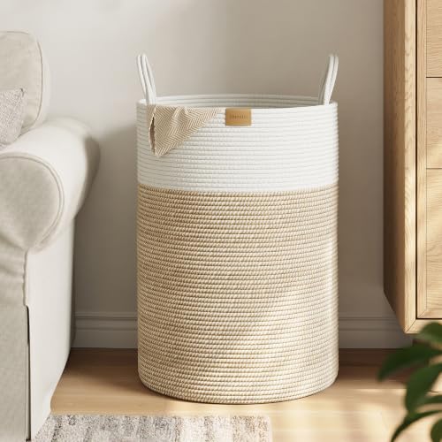 Nunsino Laundry Hamper 95L,Large Laundry Basket for Clothes,Decorative Storage Basket for Blankets,Cotton Rope Woven basket for bedroom,Brown White - color: Brown&White, size: 95L/25.1Gal