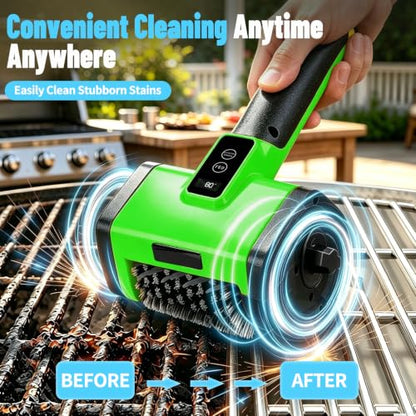 Electric Grill Brush,2-Speed Rechargeable BBQ Grill Cleaner, up to 160 min Runtime, 304 Stainless Steel Brush, LED Light, 2 Brush Heads Included, Most Outdoor Grill Grates - color: Green