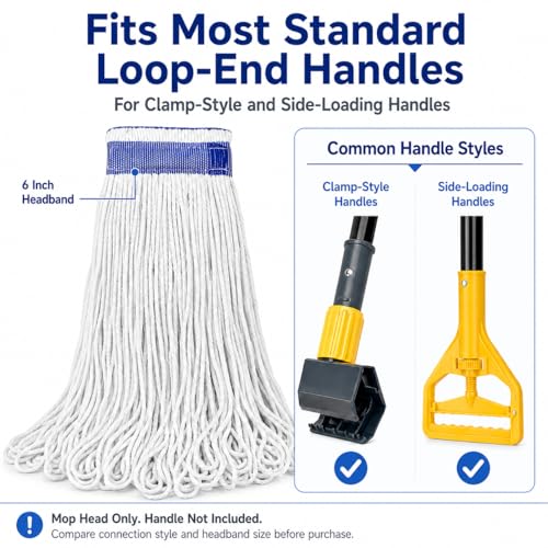 Tidy Monster 24 oz Loop End Mop Head, Heavy Duty Mop Head Replacement with 6 Inch Headband, Machine Washable String Mop Refill Fits Most Clamp and Side Loading Handles for Home & Commercial Cleaning - color: White