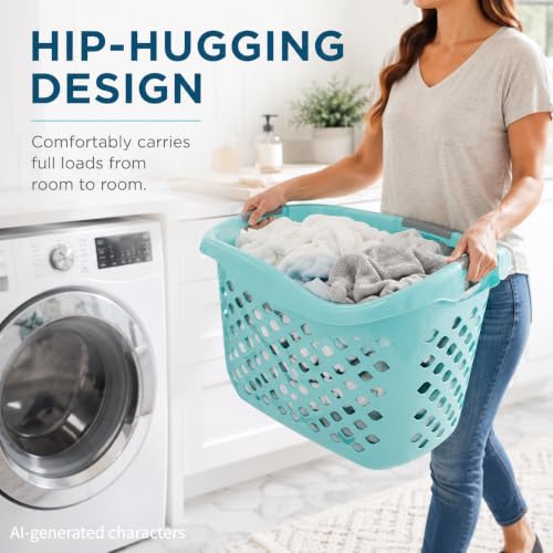 Teal Laundry Basket 9.3 Gal with 3 Handles, Durable Resin - color: Light blue 1pc