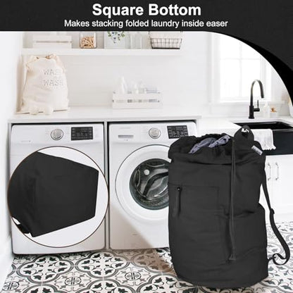 Laundry Bag Backpack, Canvas Laundry Bag with Straps & Drawstring, Black XL - color: Black, size: X-Large
