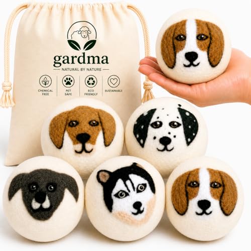 Wool Dryer Balls XL 6-Pack – Organic Wool Dryer Balls for Laundry Reusable, Natural Fabric Softener, Reduces Drying Time, Static, Wrinkles & Clumping - color: Dog Family
