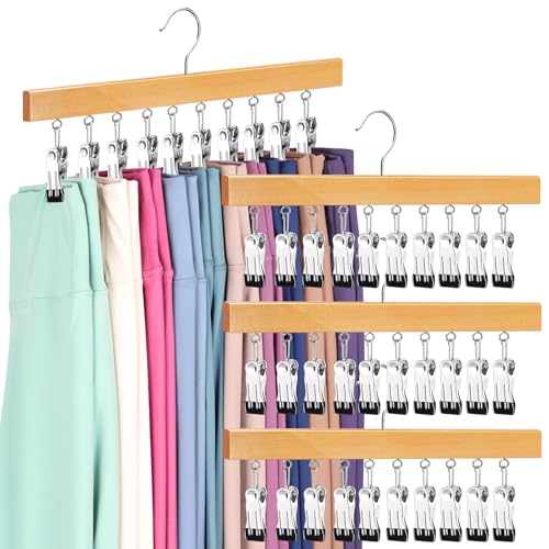 Legging Organizer for Closet, Pants Hangers with Clips Holds 20 Leggings, Jeans, Hats, Shorts, Socks, 360° Rotating Space Saving Hanging Clothes Organizer for Closet Organizers and Storage 4Pcs Wood - color: Natural, size: 4 Pack