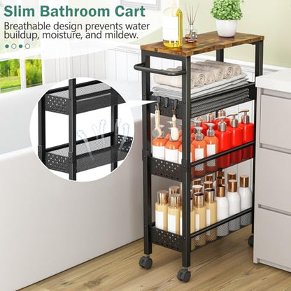 Vivihomety 4-Tier Slim Utility Rolling Laundry Cart with Wheels, Metal - color: Black, size: 7.1 inch wide