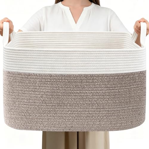 65L Laundry Basket with Handles, Woven Blanket Basket, White/Brown - color: White & Brown, size: 65L