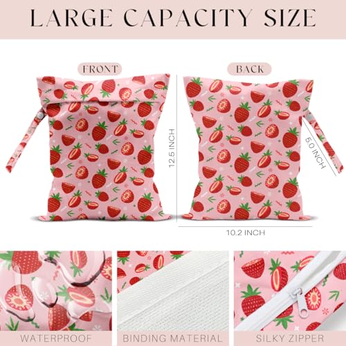 Wet Bag, Wet Dry Bag, Waterproof Swim Bags, Machine Washable Reusable Bags for Beach, Pool, Diapers, and Dirty Yoga Gym Clothes(Pink Background Small Strawberry and Green Leaf Printy - color: Whole & Sliced Strawberry - Pink
