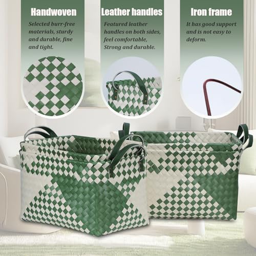 BROWNLILY Handwoven Clothes Basket Laundry Hampers Large Wicker Storage Baskets for Shelves Blankets Closet Storage Bins Car Bedroom Bathroom Organizers and Storage Bath (Pack of 4, Green&White) - color: Green & White*4