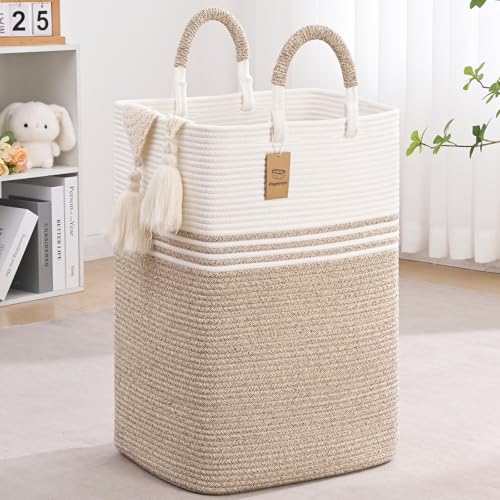 Laundry Basket Hamper,Blanket Storage,Dirty Clothes Hamper with Swivel Handles,Woven Cotton Rope Toy Baskets,Blanket Basket Living Room,Decorative Hampers for Nursery,Bedroom,White & Linen,60L - color: White & Linen, size: 60L
